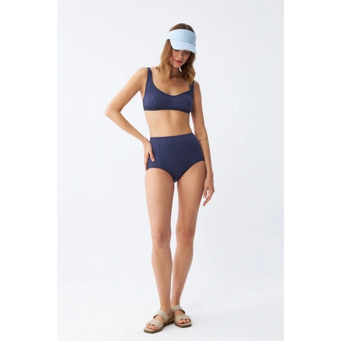 Moda Kadın Basic Lacivert Pedli Yüksek Bel Bikini Takımı
