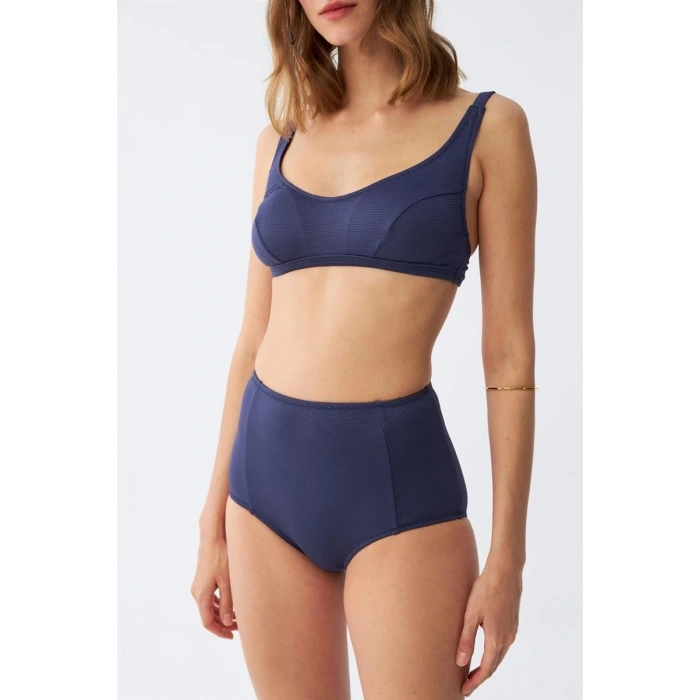 Moda Kadın Basic Lacivert Pedli Yüksek Bel Bikini Takımı