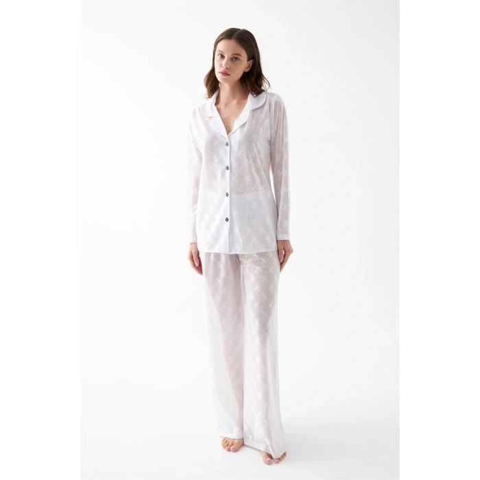 Moda Kadın Beyaz Şeffaf Jakar Düğmeli Pijama Takımı