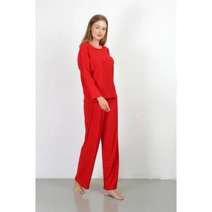Moda Kadın Bürümcük Kumaş Pijama Takım Kırmızı