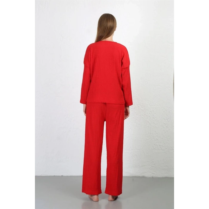 Moda Kadın Bürümcük Kumaş Pijama Takım Kırmızı