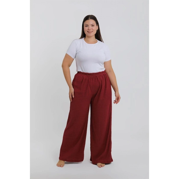 Moda Kadın Büyük Beden Bordo Rahat Kesim Baggy Tek Alt
