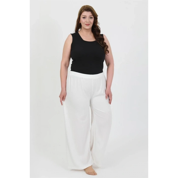 Moda Kadın Büyük Beden Bürümcük Pantolon Beyaz