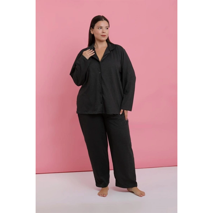 Moda Kadın Büyük Beden Füme Düğmeli Pijama Takımı