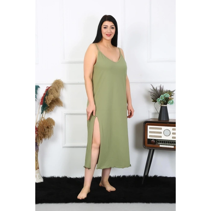 Moda Kadın Büyük Beden İp Askılı Pamuklu Haki Uzun Gecelik