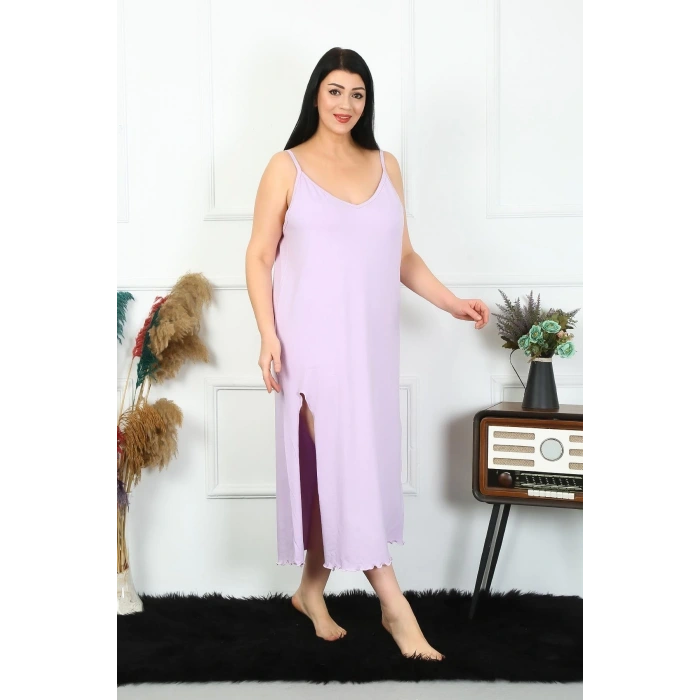Moda Kadın Büyük Beden İp Askılı Pamuklu Lila Uzun Gecelik