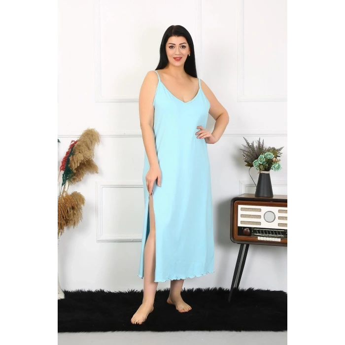 Moda Kadın Büyük Beden İp Askılı Pamuklu Mavi Uzun Gecelik