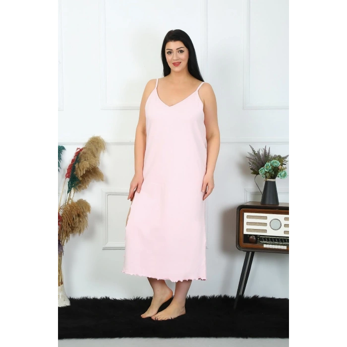 Moda Kadın Büyük Beden İp Askılı Pamuklu Pembe Uzun Gecelik