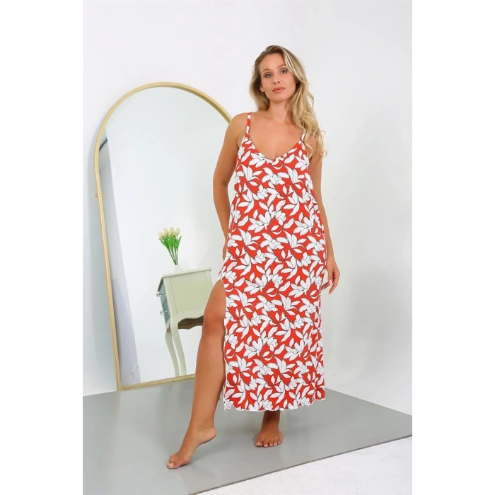 Moda Kadın Büyük Beden İp Askılı Pamuklu Uzun Gecelik