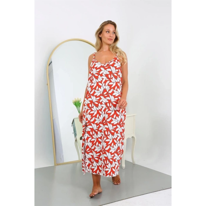 Moda Kadın Büyük Beden İp Askılı Pamuklu Uzun Gecelik