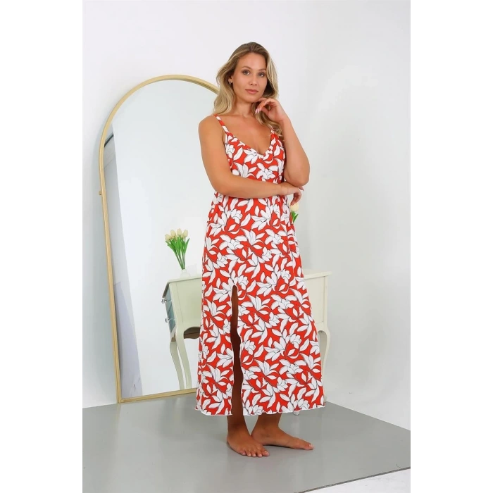 Moda Kadın Büyük Beden İp Askılı Pamuklu Uzun Gecelik