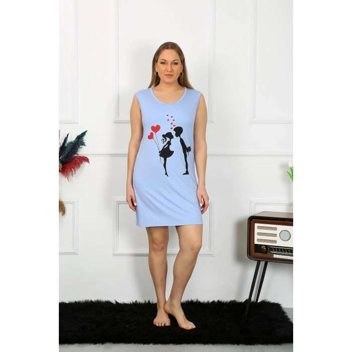 Moda Kadın Büyük Beden Kalın Askılı Penye Diz Üstü Mavi Gecelik