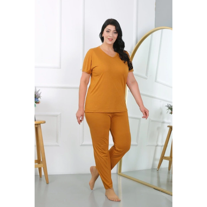Moda Kadın Büyük Beden Kısa Kol Penye Pijama Takımı Hardal