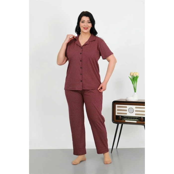 Moda Kadın Büyük Beden Pamuklu Cepli Düğmeli Mor Pijama Takım