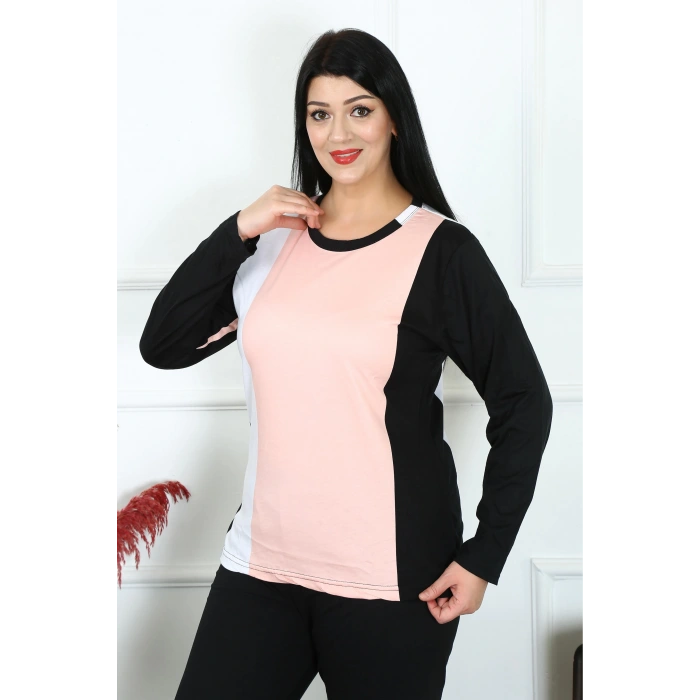 Moda Kadın Büyük Beden Penye Uzun Kol Pijama Takım