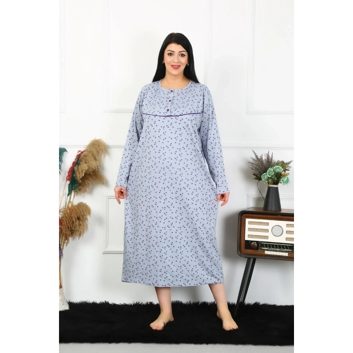 Moda Kadın Büyük Beden Uzun Kol İndigo Anne Gecelik