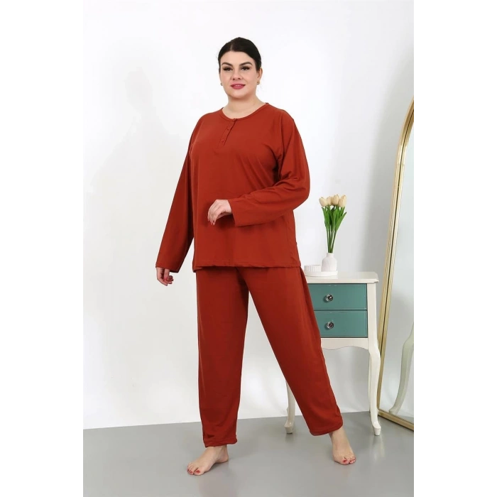 Moda Kadın Büyük Beden Uzun Kol Penye Pijama Takımı Kiremit