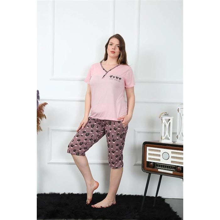 Moda Kadın Büyük Beden Viscon Kapri Pijama Takım Pembe