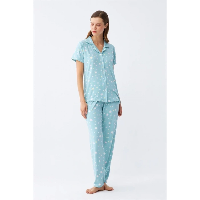 Moda Kadın Buz Mavisi Yıldız Desenli Önden Düğmeli Pijama Takımı