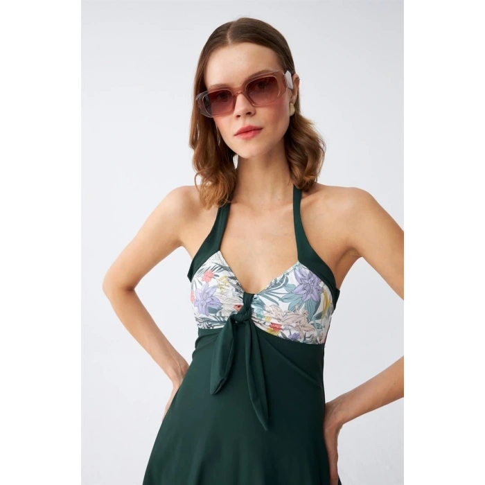 Moda Kadın Çiçek Desenli Fiyonklu Haki Elbise Mayo