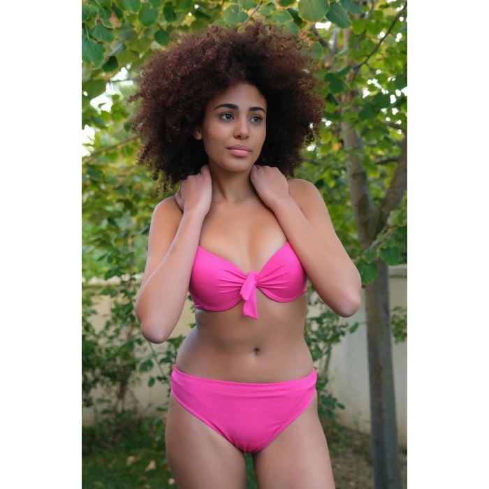 Moda Kadın Destekli Fiyonklu Alt Üst Fuşya Bikini Takım