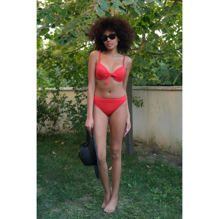 Moda Kadın Destekli Fiyonklu Alt Üst Kırmızı Bikini Takım