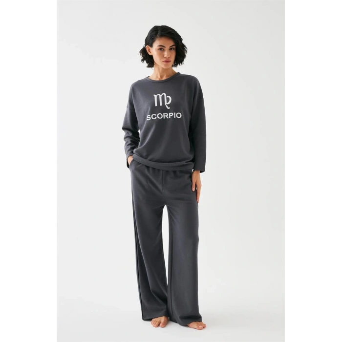 Moda Kadın Füme Akrep Burcu Oversize 2 İplik Eşofman Ev Giyim Takımı