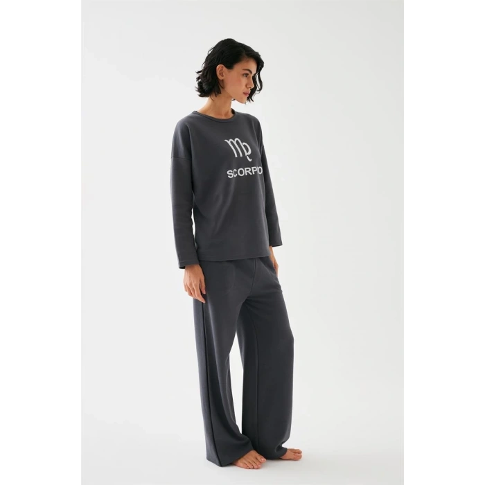 Moda Kadın Füme Akrep Burcu Oversize 2 İplik Eşofman Ev Giyim Takımı