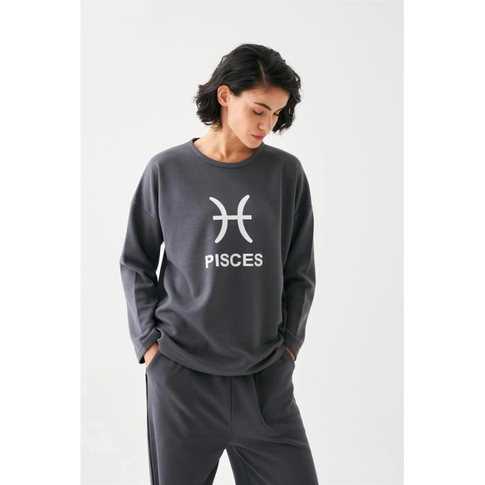 Moda Kadın Füme Balık Burcu Oversize 2 İplik Eşofman Ev Giyim Takımı