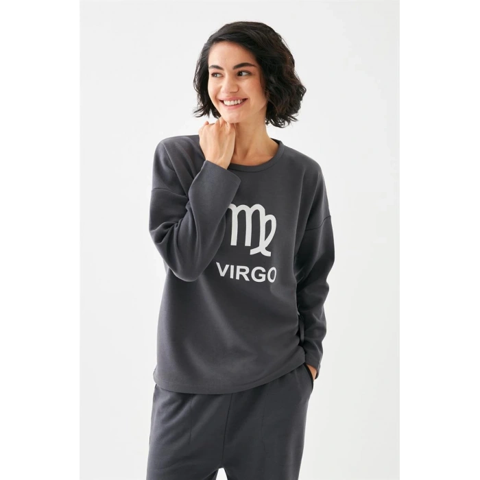 Moda Kadın Füme Başak Burcu Oversize 2 İplik Eşofman Ev Giyim Takımı