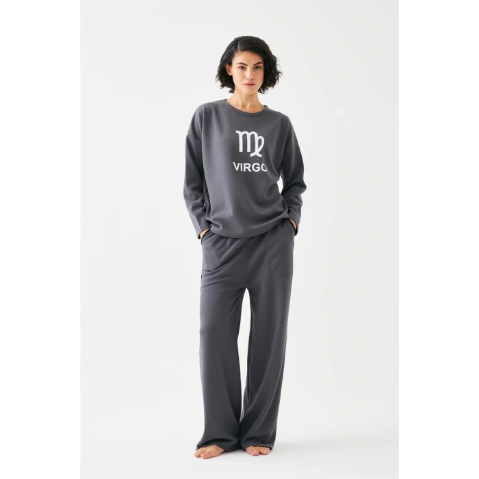 Moda Kadın Füme Başak Burcu Oversize 2 İplik Eşofman Ev Giyim Takımı