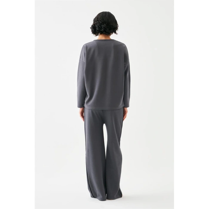 Moda Kadın Füme Başak Burcu Oversize 2 İplik Eşofman Ev Giyim Takımı