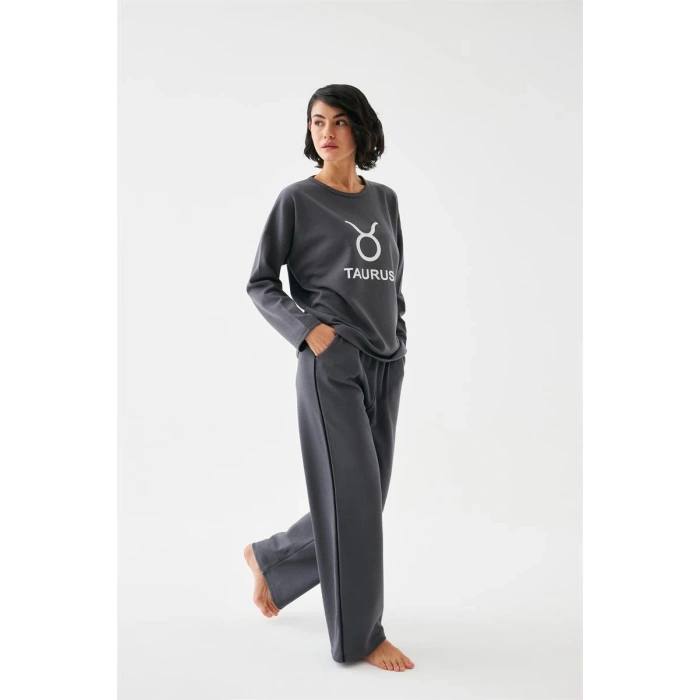 Moda Kadın Füme Boğa Burcu Oversize 2 İplik Eşofman Ev Giyim Takımı