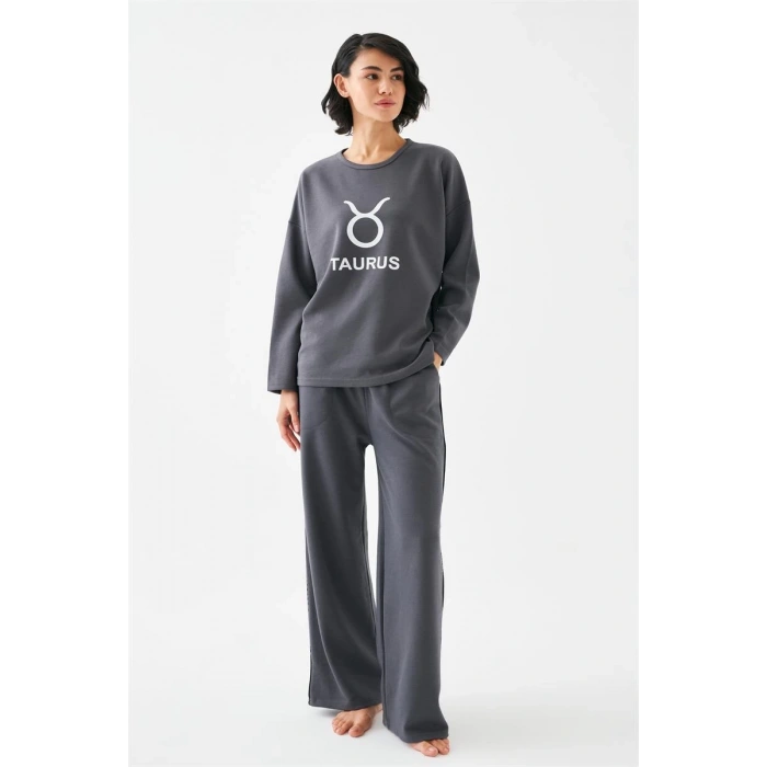 Moda Kadın Füme Boğa Burcu Oversize 2 İplik Eşofman Ev Giyim Takımı