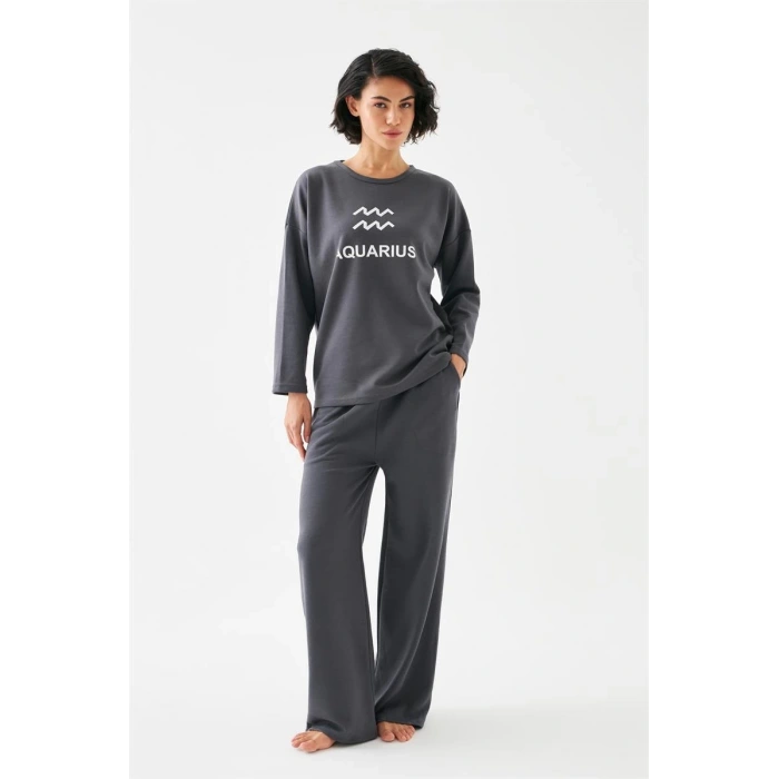 Moda Kadın Füme Kova Burcu Oversize 2 İplik Eşofman Ev Giyim Takımı