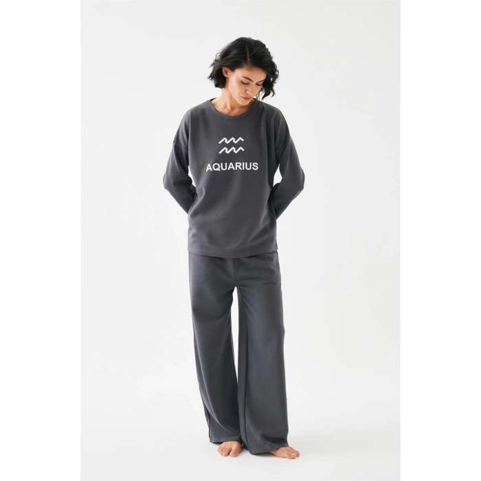 Moda Kadın Füme Kova Burcu Oversize 2 İplik Eşofman Ev Giyim Takımı