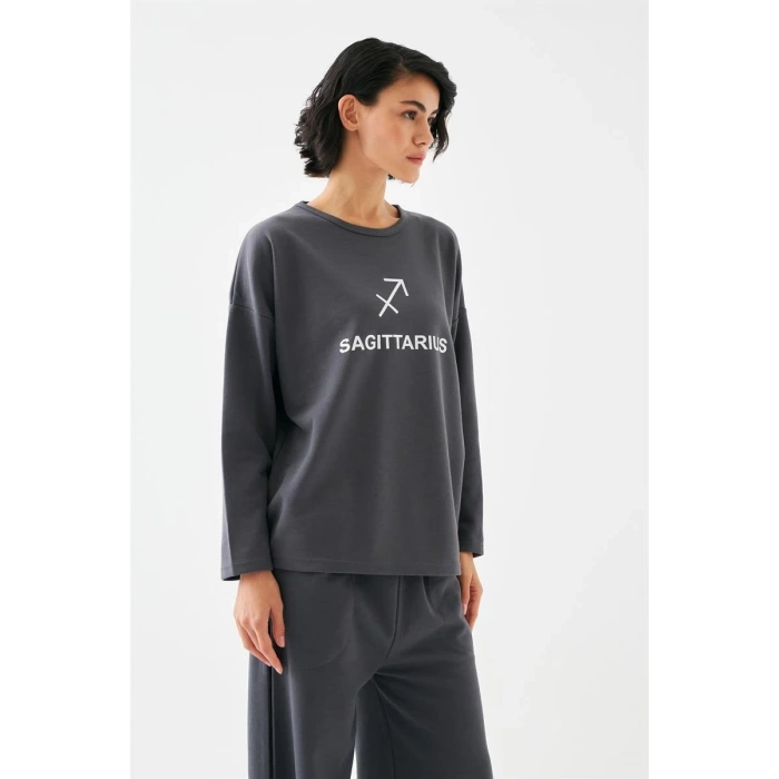 Moda Kadın Füme Yay Burcu Oversize 2 İplik Eşofman Ev Giyim Takımı