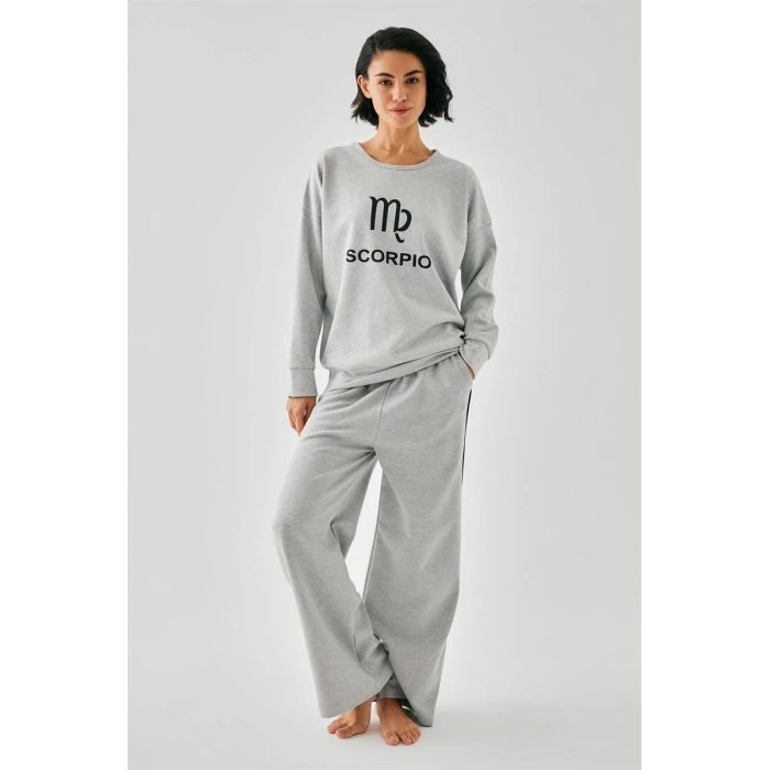 Moda Kadın Gri Akrep Burcu Oversize 2 İplik Eşofman Ev Giyim Takımı