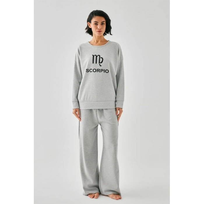 Moda Kadın Gri Akrep Burcu Oversize 2 İplik Eşofman Ev Giyim Takımı