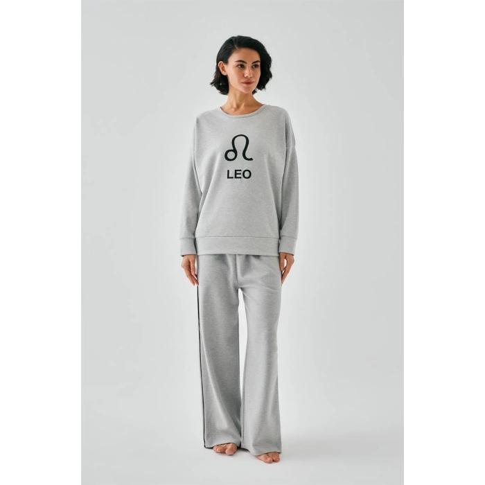 Moda Kadın Gri Aslan Burcu Oversize 2 İplik Eşofman Ev Giyim Takımı