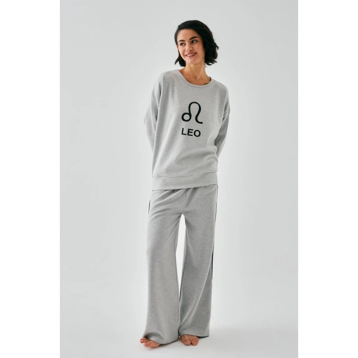 Moda Kadın Gri Aslan Burcu Oversize 2 İplik Eşofman Ev Giyim Takımı