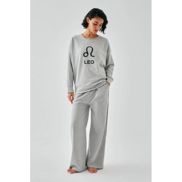 Moda Kadın Gri Aslan Burcu Oversize 2 İplik Eşofman Ev Giyim Takımı