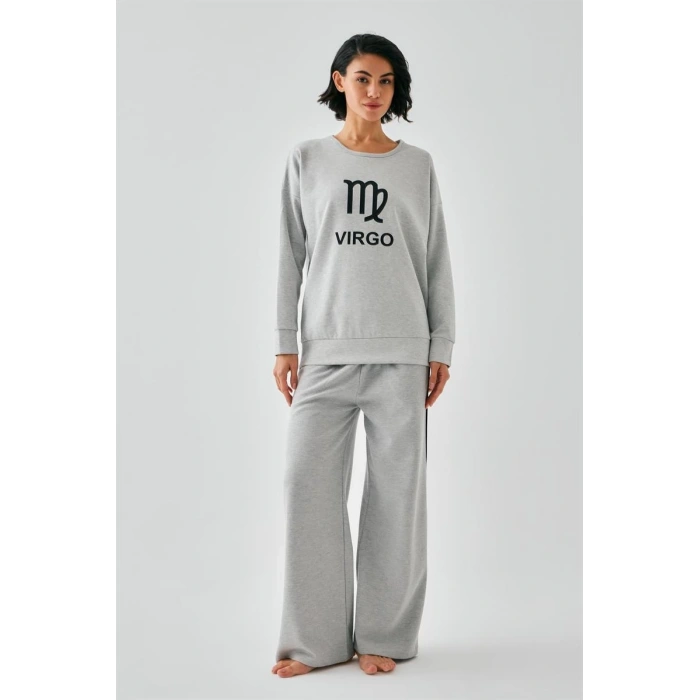 Moda Kadın Gri Başak Burcu Oversize 2 İplik Eşofman Ev Giyim Takımı