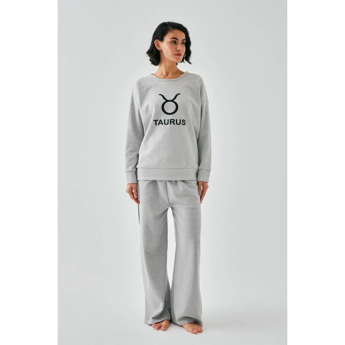 Moda Kadın Gri Boğa Burcu Oversize 2 İplik Eşofman Ev Giyim Takımı