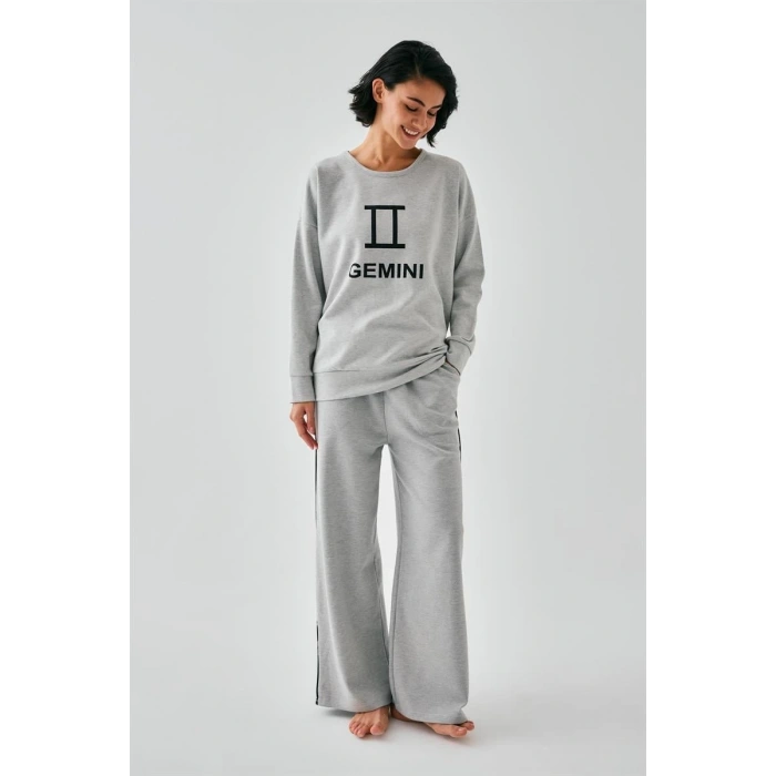 Moda Kadın Gri İkizler Burcu Oversize 2 İplik Eşofman Ev Giyim Takımı