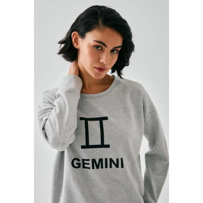 Moda Kadın Gri İkizler Burcu Oversize 2 İplik Eşofman Ev Giyim Takımı