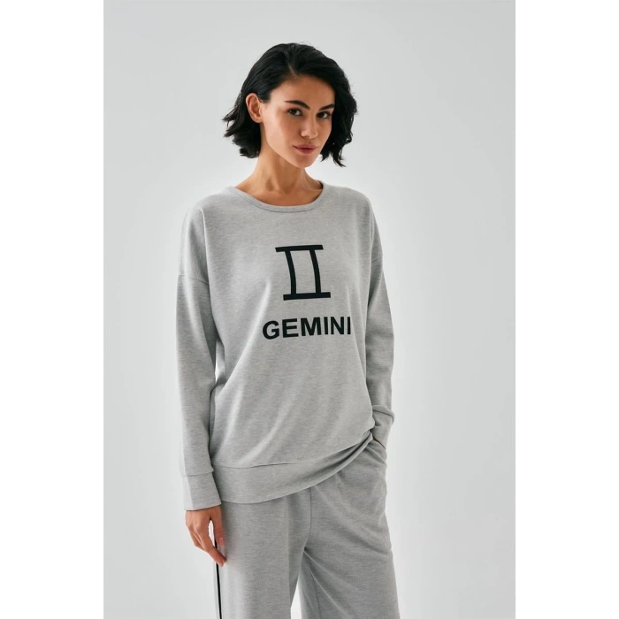 Moda Kadın Gri İkizler Burcu Oversize 2 İplik Eşofman Ev Giyim Takımı