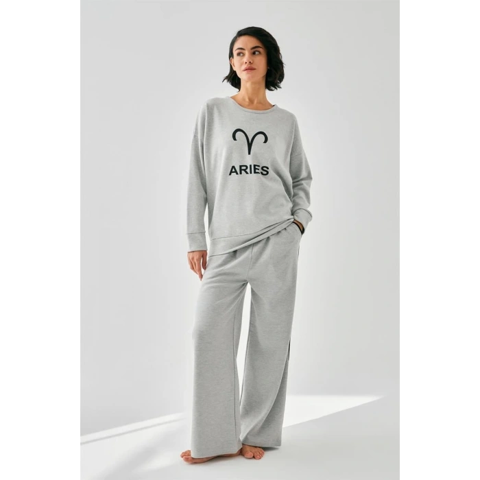 Moda Kadın Gri Koç Burcu Oversize 2 İplik Eşofman Ev Giyim Takımı