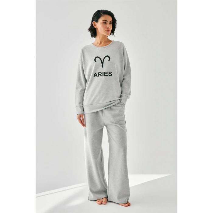 Moda Kadın Gri Koç Burcu Oversize 2 İplik Eşofman Ev Giyim Takımı