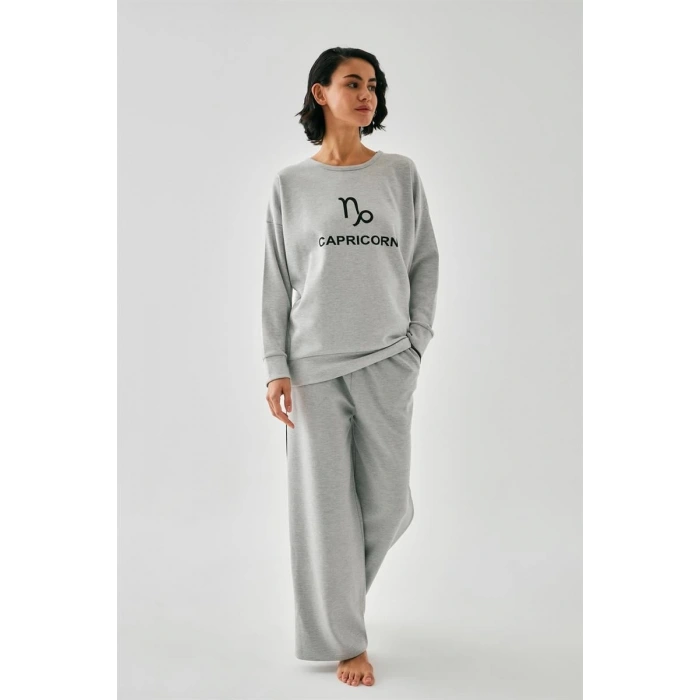 Moda Kadın Gri Oğlak Burcu Oversize 2 İplik Eşofman Ev Giyim Takımı